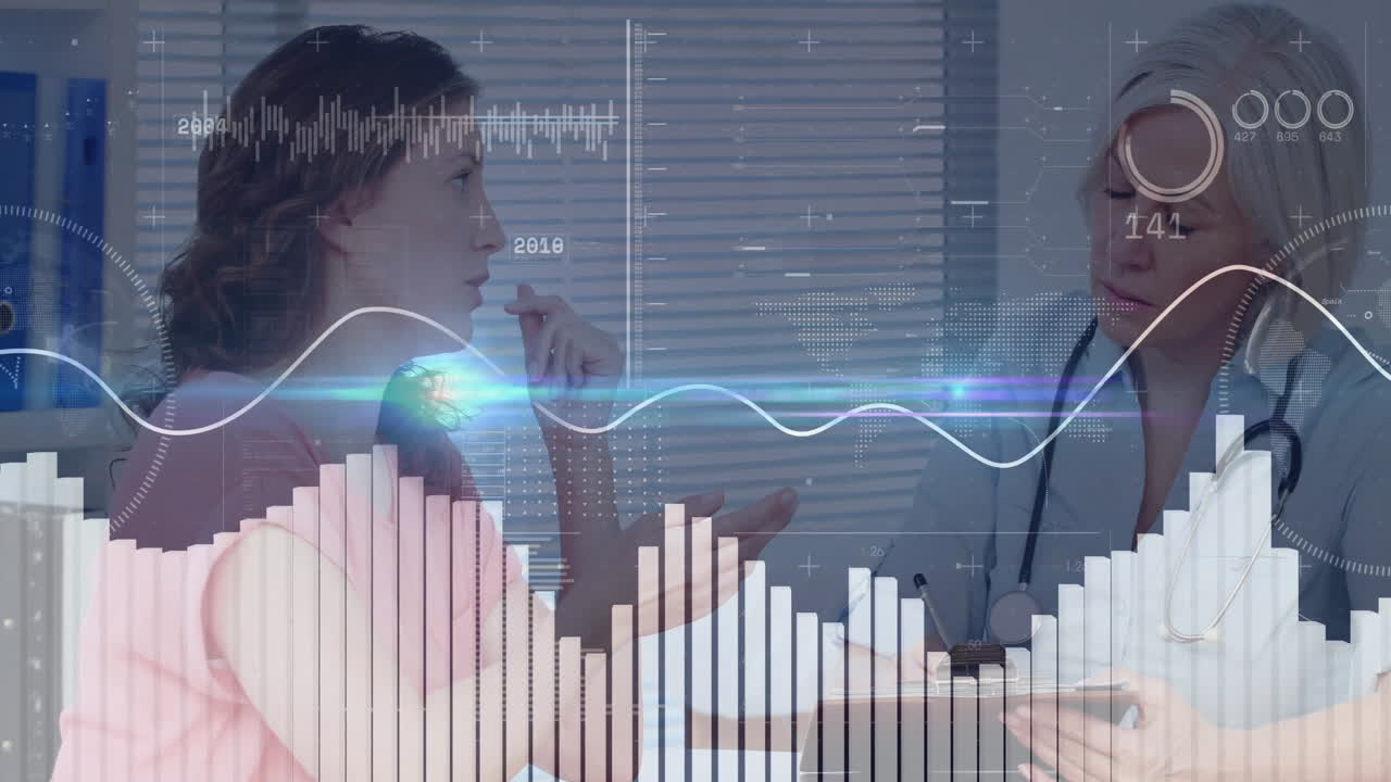 female doctor consulting patient in medical office, displaying floating bar charts and line graphs