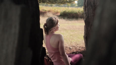 a girl is visible through the tree's gap, relaxing on the ground and sitting under the tree