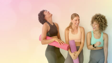 women holding yoga mats and laughing, fitness and wellness animation