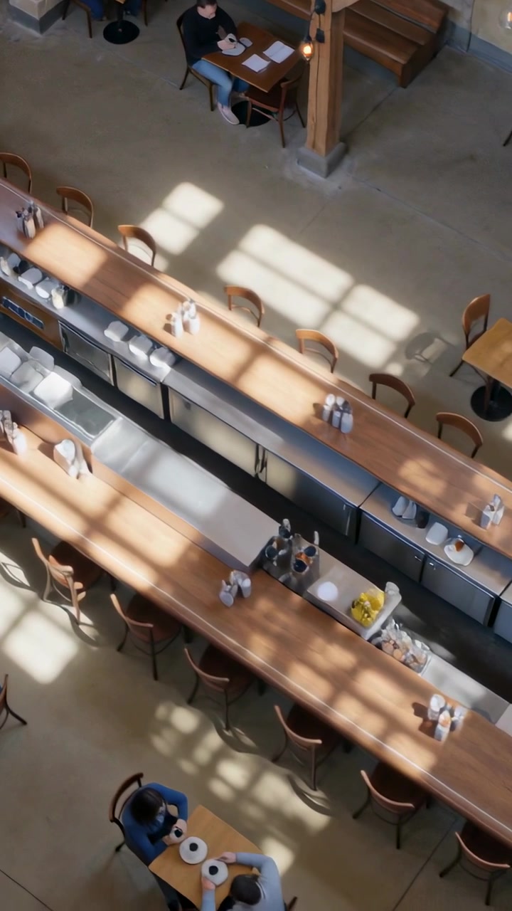 Video verticale: Telecamera che scorre verso il basso nella sala da pranzo, rivelando un tavolo comune, persone che lavorano.