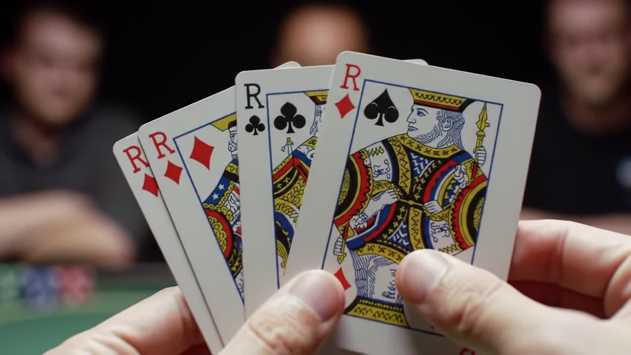 Intense Poker Showdown: Focused Hands Reveal a Winning Hand Amidst Tension at the Table in a High-Stakes Card Game with Players Concentrating on Their Moves