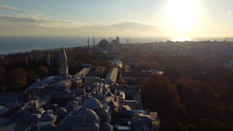 aerial view of topkapi palace, hagia sophia mosque and the blue mosque (sultanahmet) in istanbul. footage in turkey