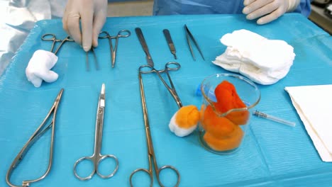 cirujano arreglando herramientas quirúrgicas en la bandeja quirúrgica en la sala de operaciones