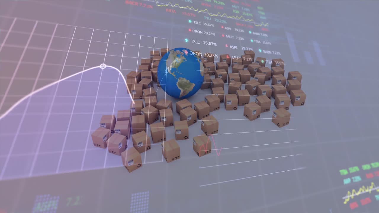 Animation von Finanzdatenverarbeitung über Globus und Kartons im Hintergrund