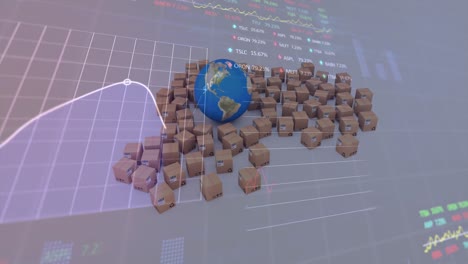 Animación-Del-Procesamiento-De-Datos-Financieros-Sobre-El-Globo-Terráqueo-Y-Cajas-De-Cartón-En-Segundo-Plano