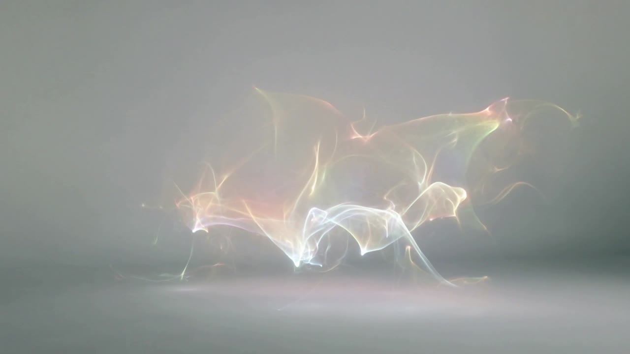 Luminous prismatic ribbons floating above grey floor, frames progressing, core glowing for design