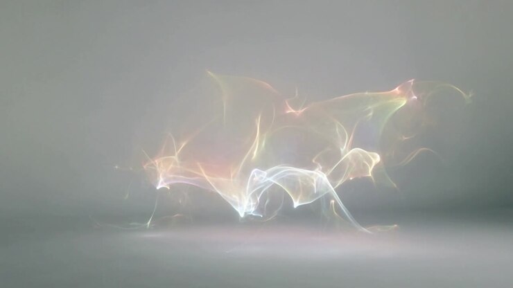 Luminous prismatic ribbons floating above grey floor, frames progressing, core glowing for design