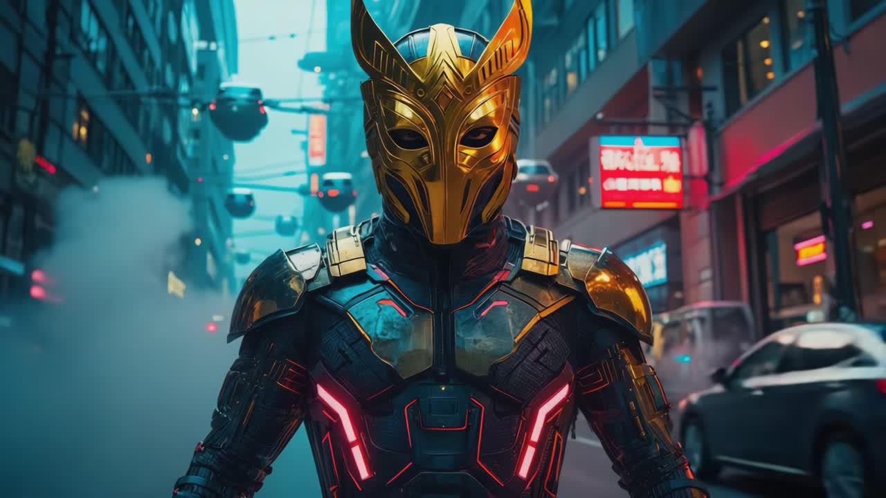 Futuristic Superhero in a Cyberpunk City