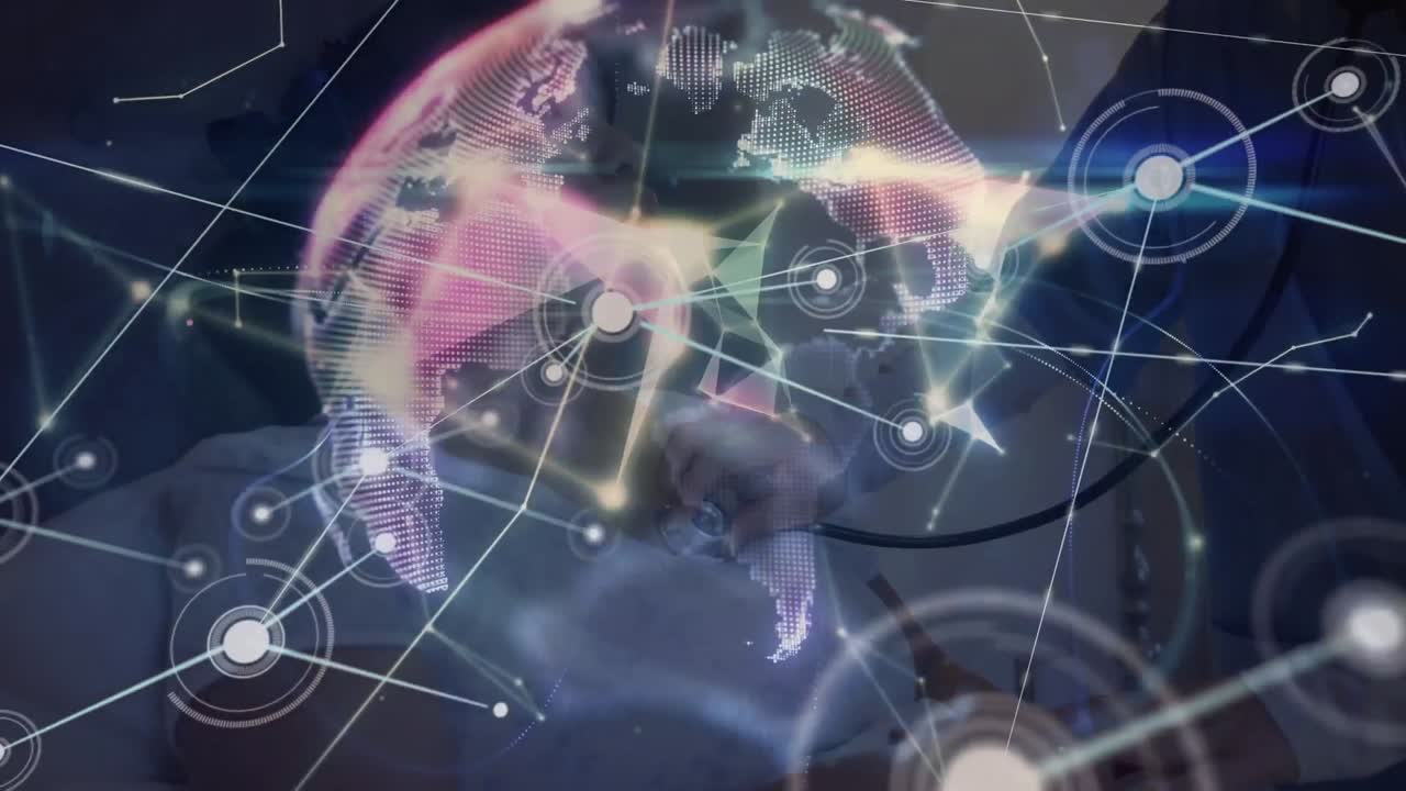 환자와 스테토스코프를 가진 아시아 여성 의사에 대한 아이콘과 연결 네트워크의 애니메이션