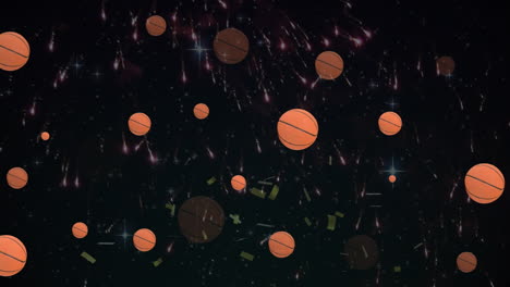 animation of basketball icons and confetti on black background