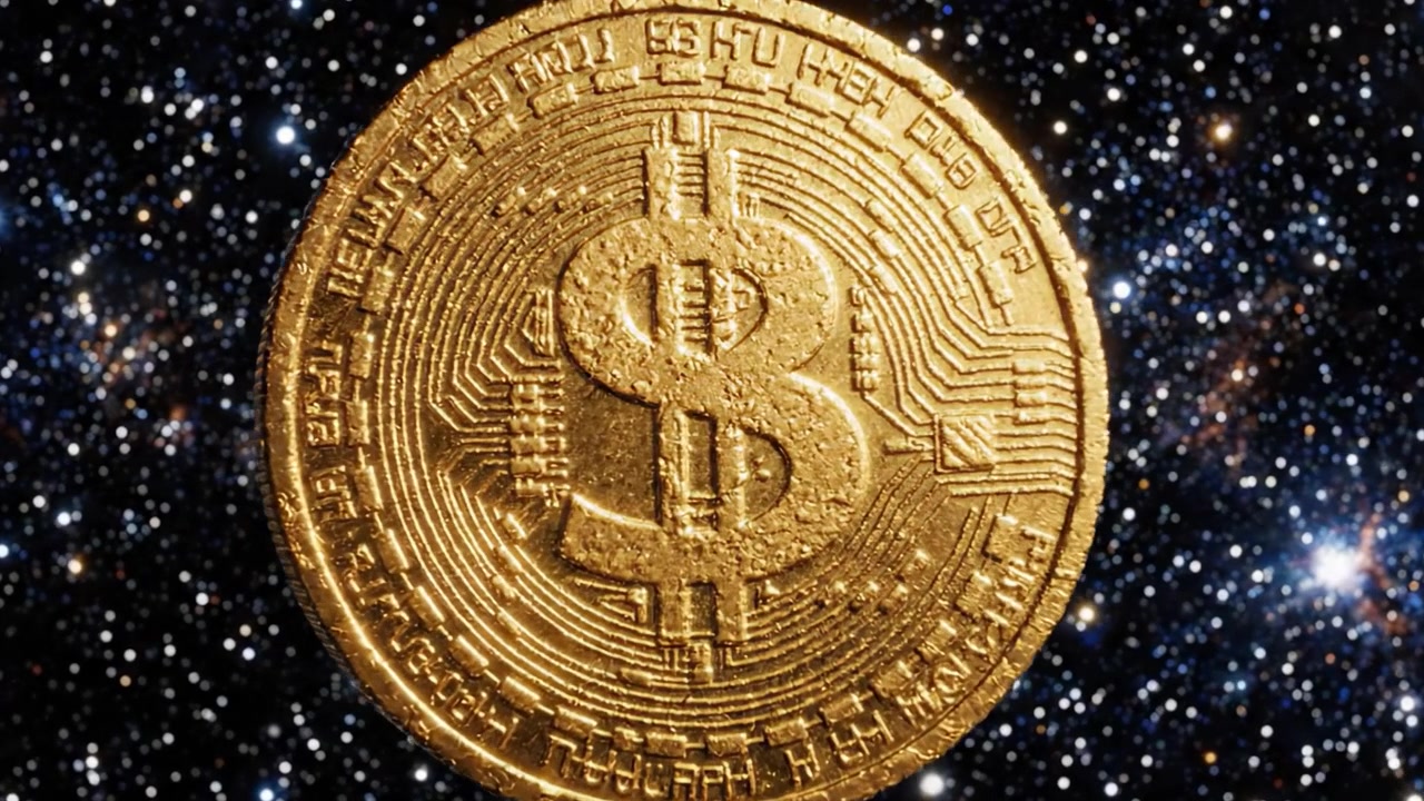 Una moneta d'oro scintillante che fluttua in un abisso cosmico, evidenziando l'intersezione tra finanza e la vastità dello spazio, e rappresentando la valuta della nuova era nell'universo.