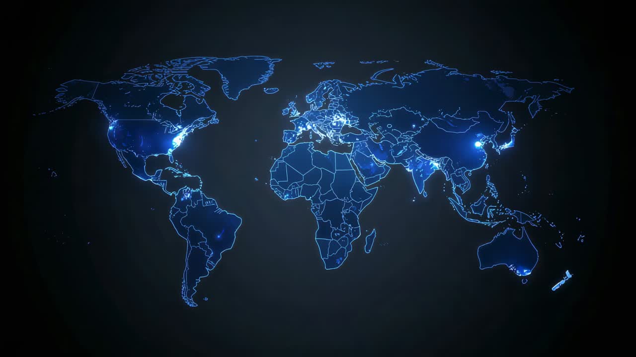 Playing neon-blue world map pulsing on dark backdrop, showing lit borders and network nodes