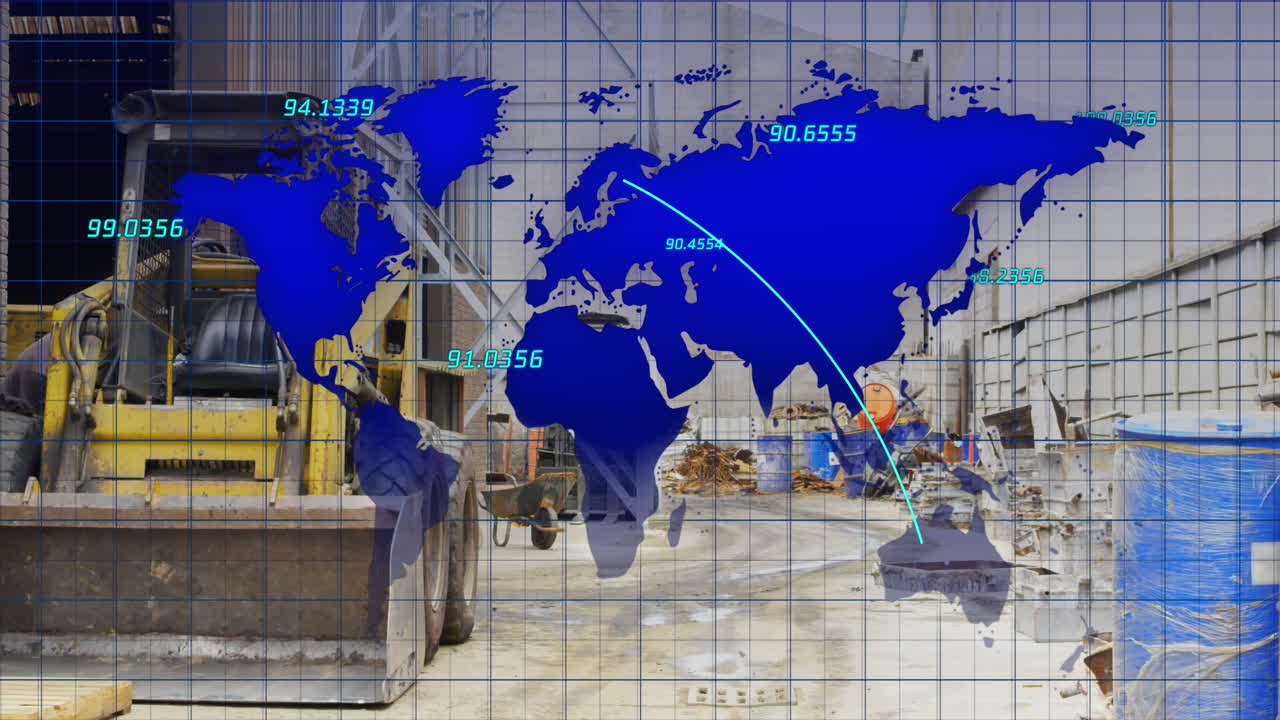 animación del mapa con números y líneas sobre las retroexcavadoras y el camión estacionado en el fondo.