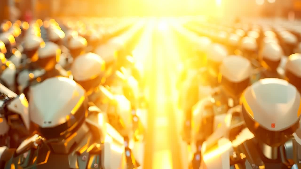 A robot standing in front of a large group of robots | Premium Stock ...