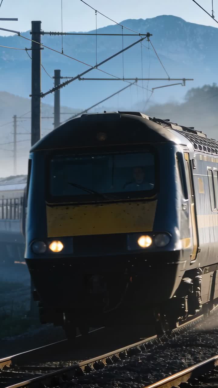 Vertical video: Moving passenger train rounding valley tracks after driver at controls, with lights