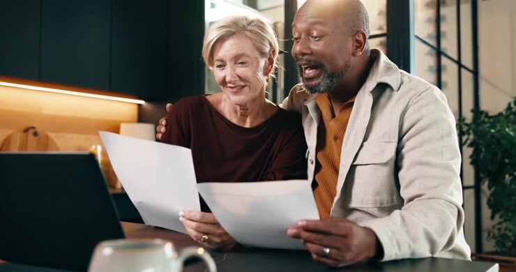 Mature Couple Celebrating Success While Reviewing Documents at Home