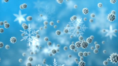 Animation-Von-Covid-19-Zellen,-Die-Sich-über-Eine-Winterlandschaft-Bewegen,-Wobei-Schnee-Auf-Blauem-Hintergrund-Fällt