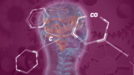 animación de la fórmula química y el procesamiento de datos sobre el cerebro digital y los engranajes en fondo púrpura