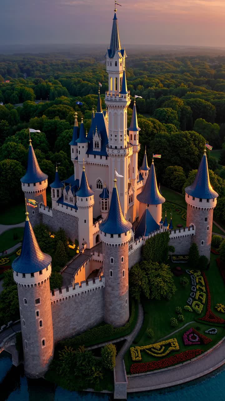 Aerial view of a fairytale castle at sunset, surrounded by lush greenery