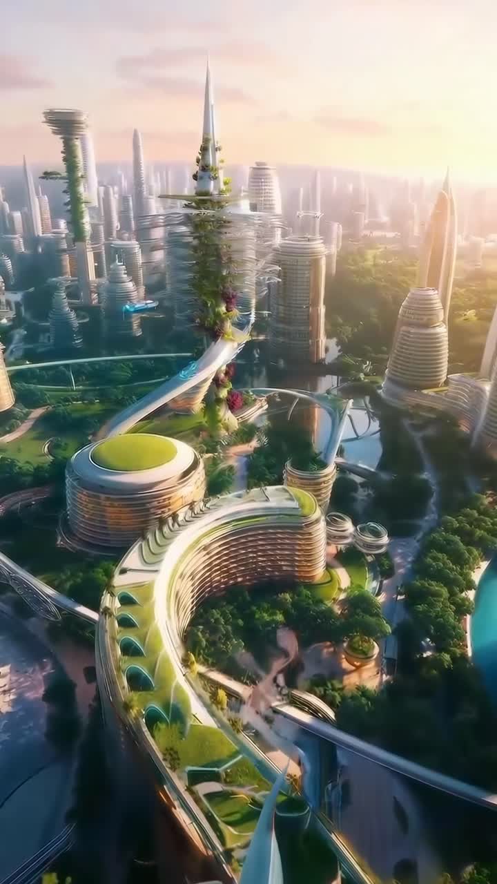 Futuristic cityscape video concept, aerial view showcasing sleek, green architecture