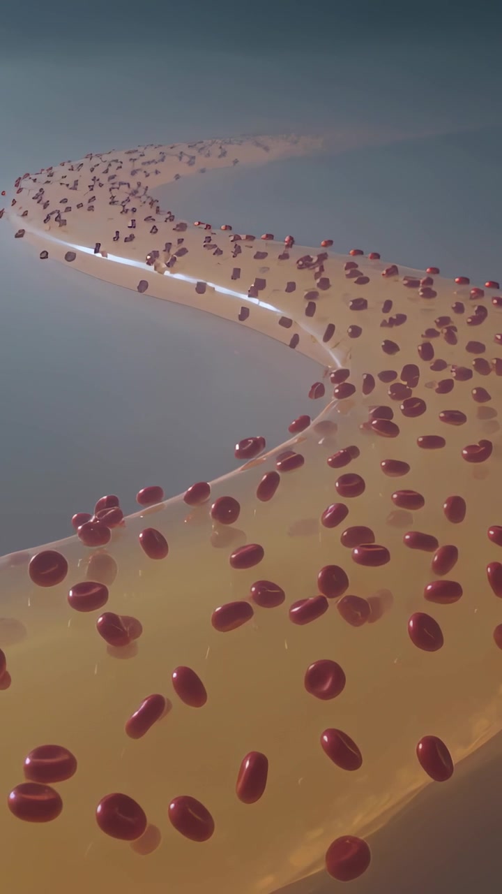 Vertical video: Gliding cam pushing amber ribbon curving in blue haze with red discs showing depth