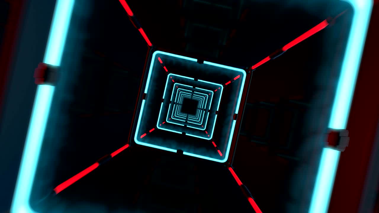 vuelo en un túnel futurista abstracto con luz de neón.