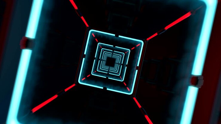 Flight in abstract futuristic tunnel with neon light.