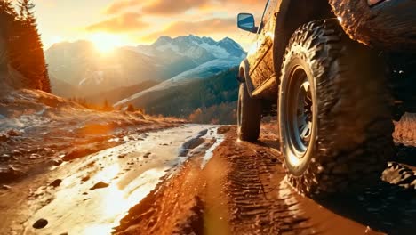 a car driving down a dirt road in the mountains