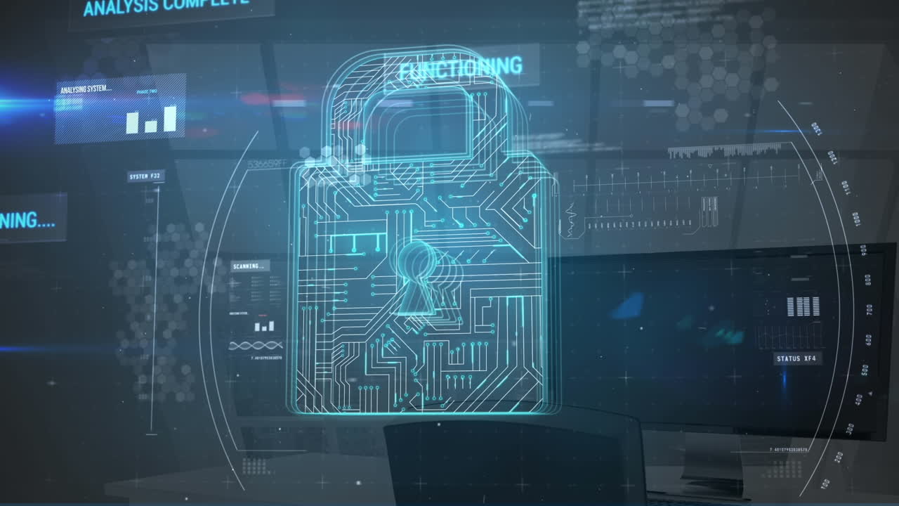 Animation of digital padlock with integrated circuit over computers in office