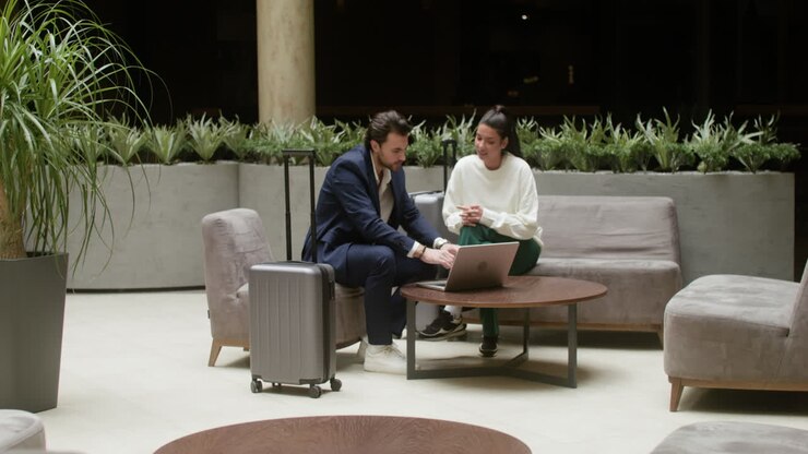 Geschäftsleute besprechen die Arbeit in der Hotellobby.