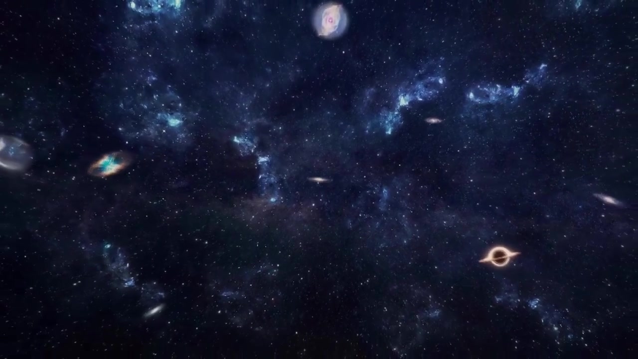 ビッグバン宇宙の爆発のアニメーション。一点から広大な銀河へと宇宙が膨張し、星、星雲、深宇宙の要素で満たされている。