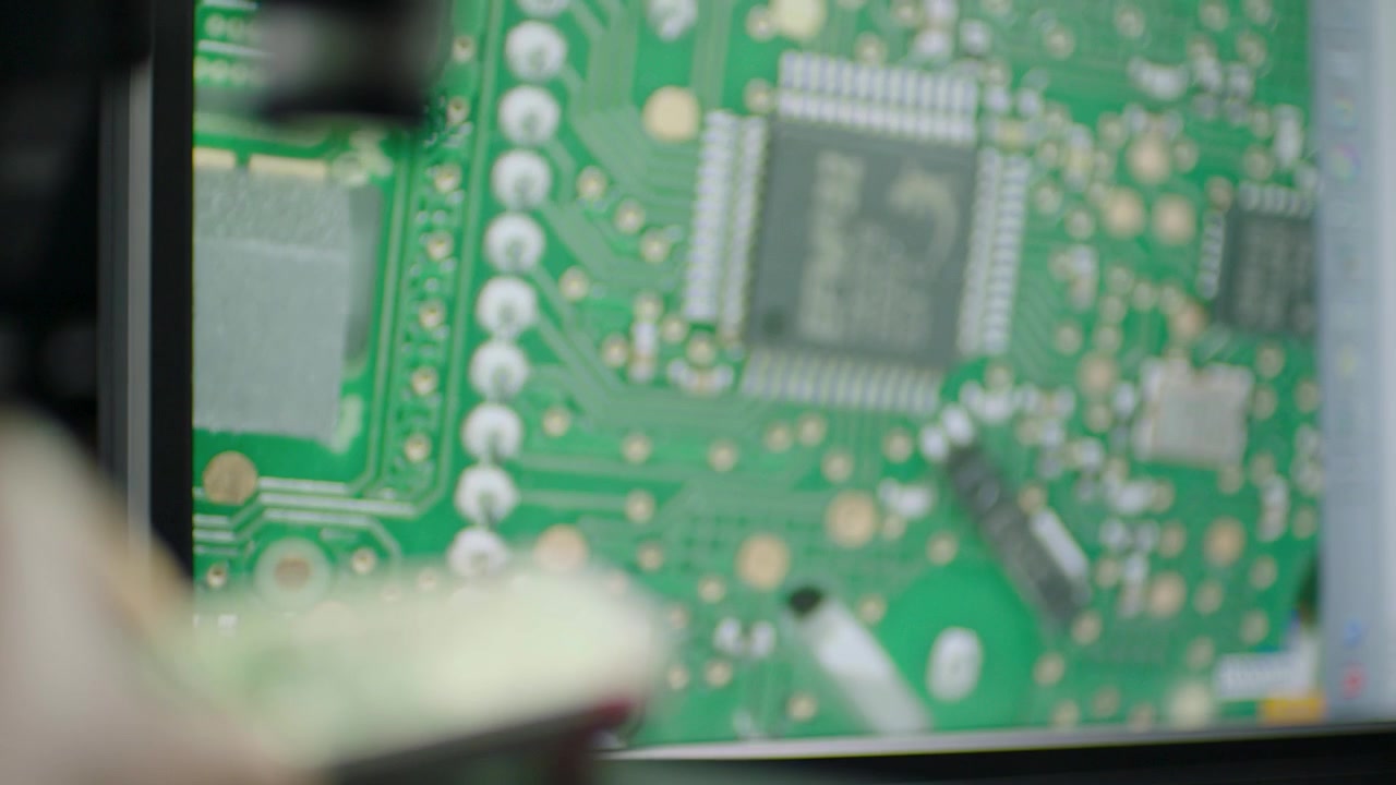 Tecnico che maneggia un componente elettronico al microscopio in un laboratorio di elettronica