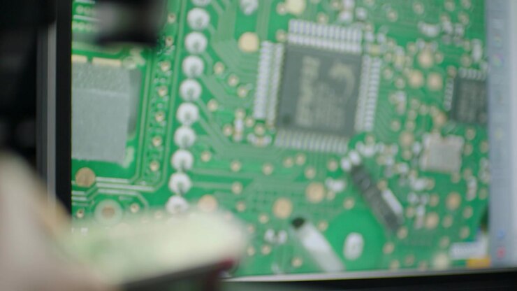 Tekniker håndterer elektronisk komponent under mikroskop i et elektroniklaboratorium