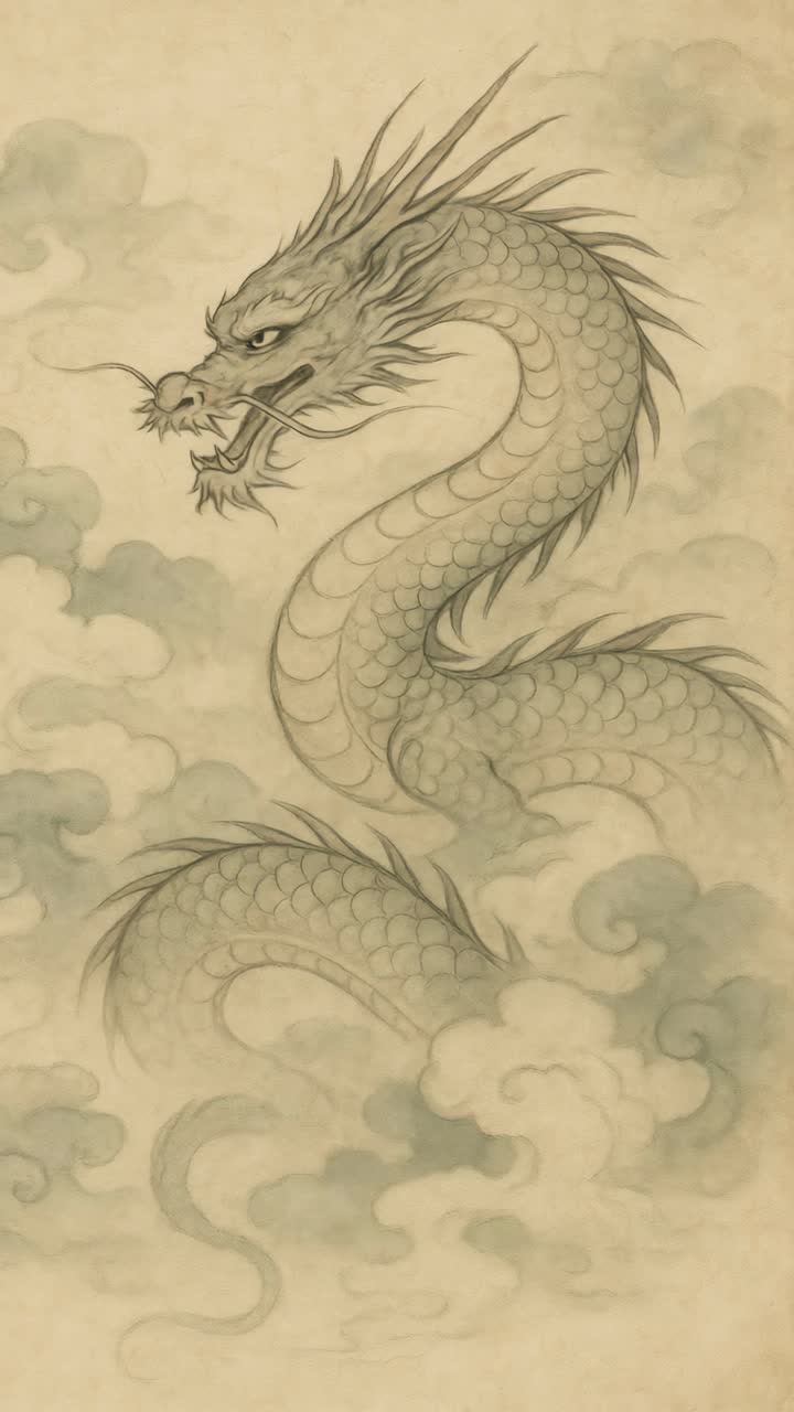 Illustrazione tradizionale di un drago in un fotogramma video verticale, che mostra un angolo verso l'alto con dettagli intricati