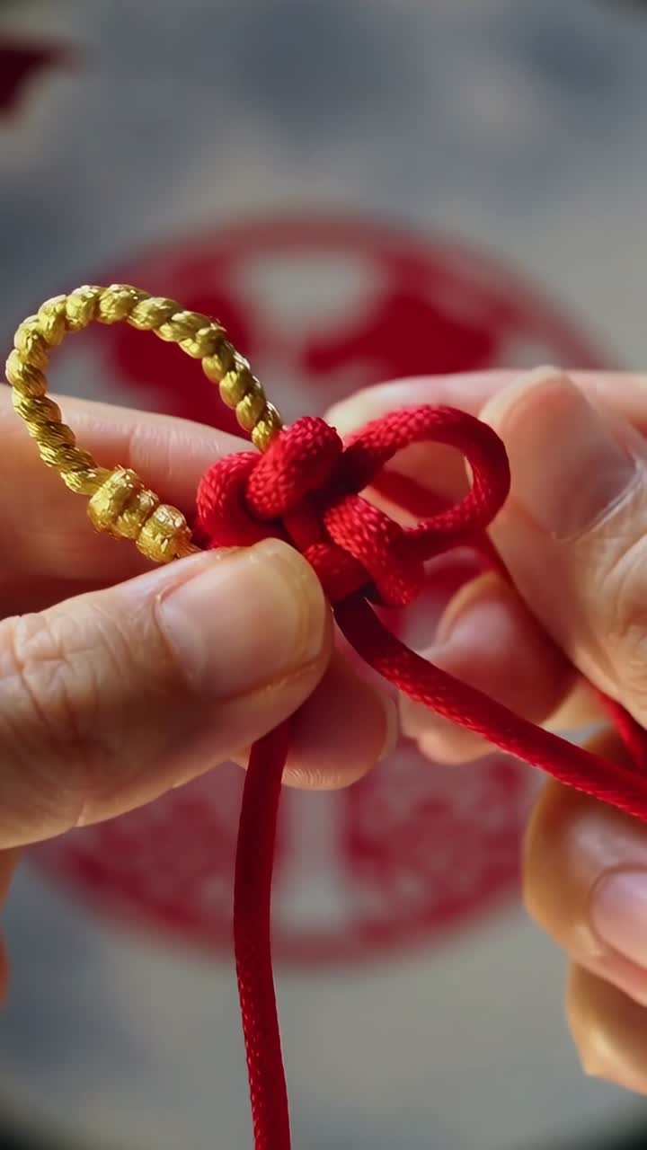Video verticale: mani che tirano un cordino rosso da un nodo su un tavolo, completando il nodo ad un anello d'oro