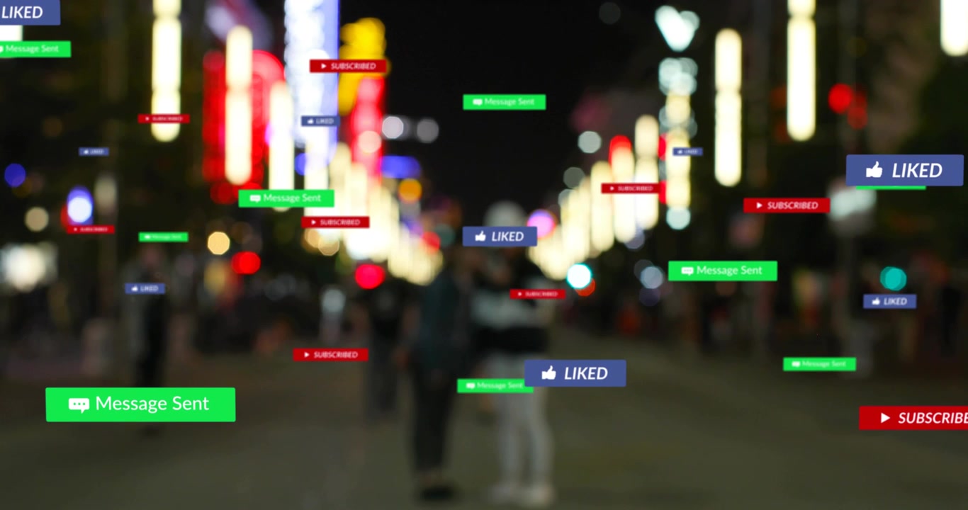 Blurred pair walking to camera under neon, cursor appearing and badges multiplying, showing alerts