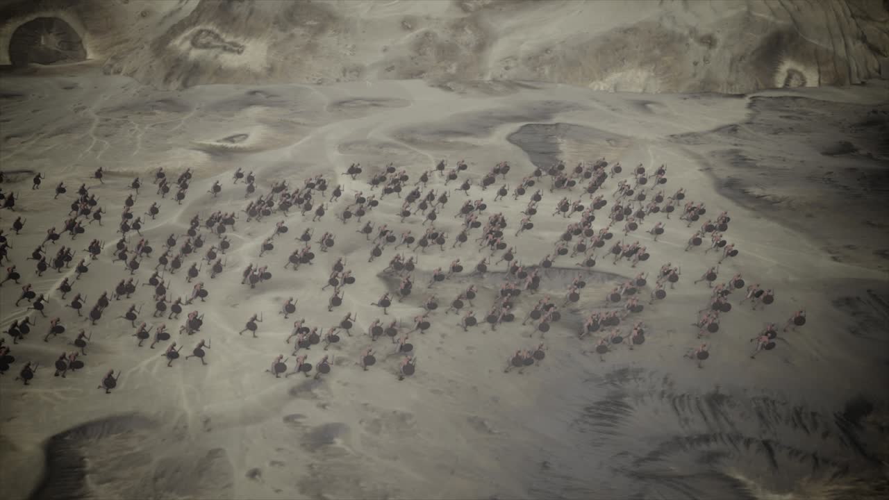 전쟁터 에서 공격 하는 고대 군대 의 공중 사진