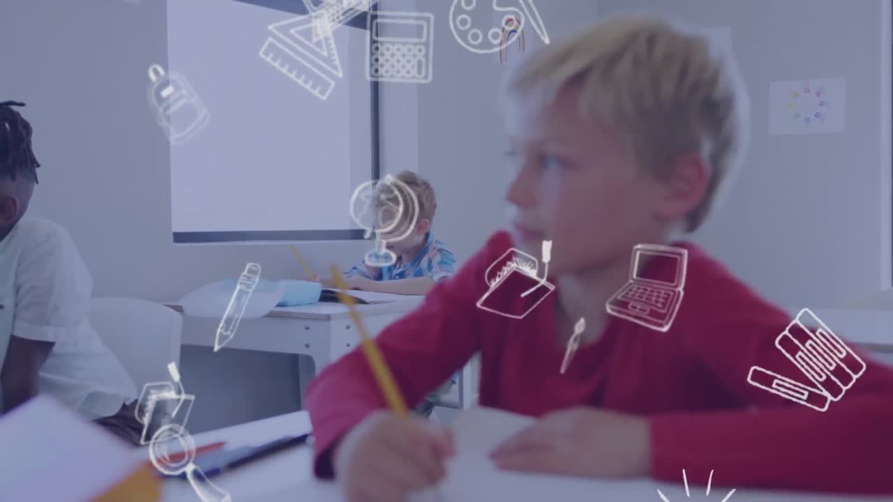 animación de iconos escolares sobre escolares caucásicos que trabajan en clases diversas