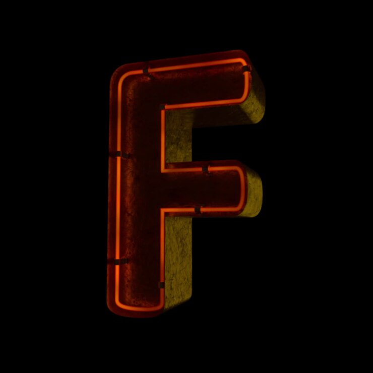 Lettera F al neon tremolante su sfondo nero