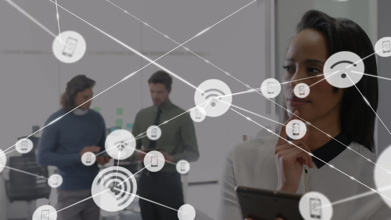 Network of connection icons against businesswoman using digital tablet