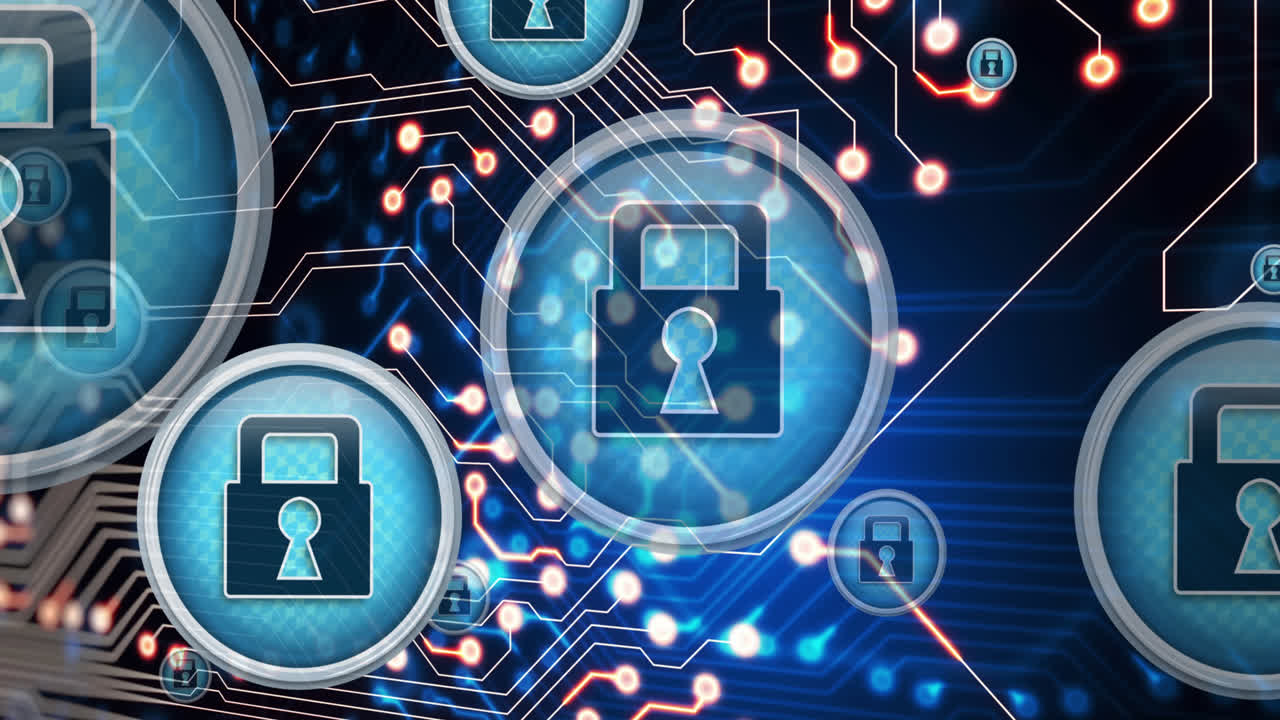 Animation of data processing and padlocks over black background
