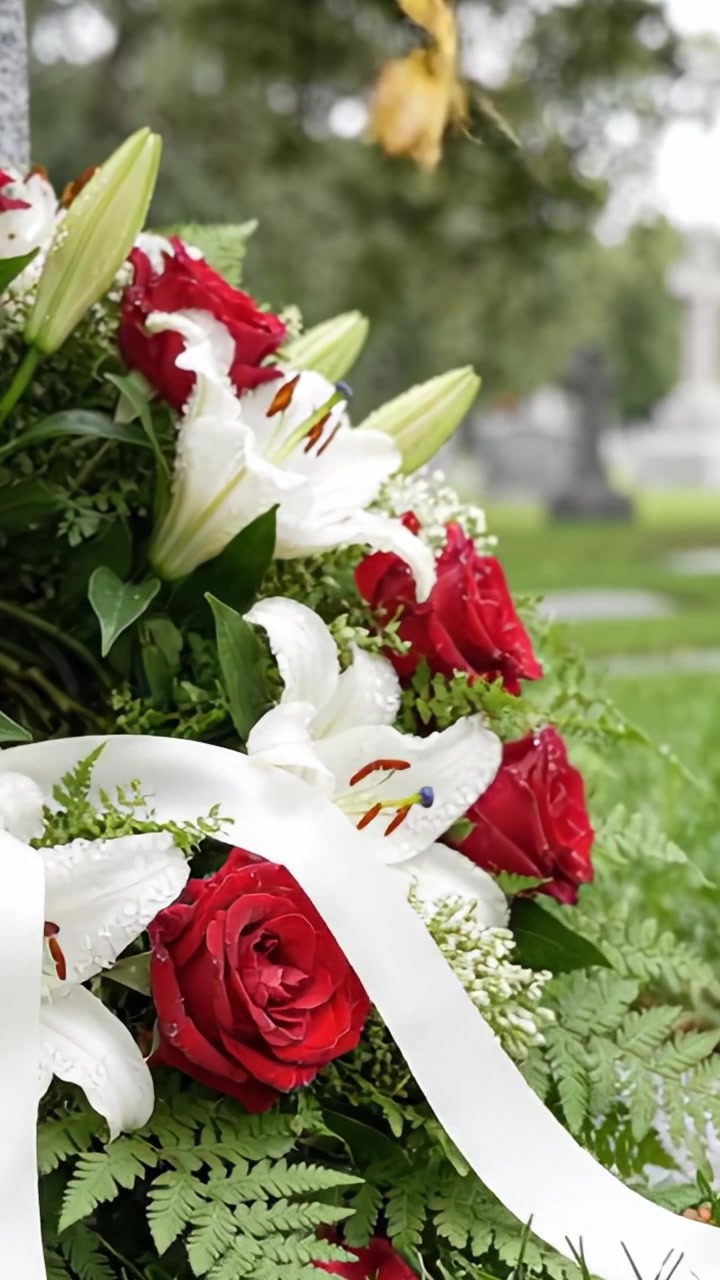 Una splendida composizione floreale con rose rosse e gigli bianchi, con un ricco fogliame e un nastro decorativo, perfetta per un omaggio o una commemorazione.