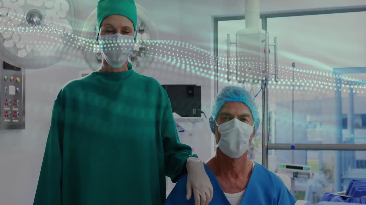 Kirurg placerer hånd på siddende kollega, ifører sig udstyr, mens bølgeformer fejer hen over skærme i sundhedssektoren.
