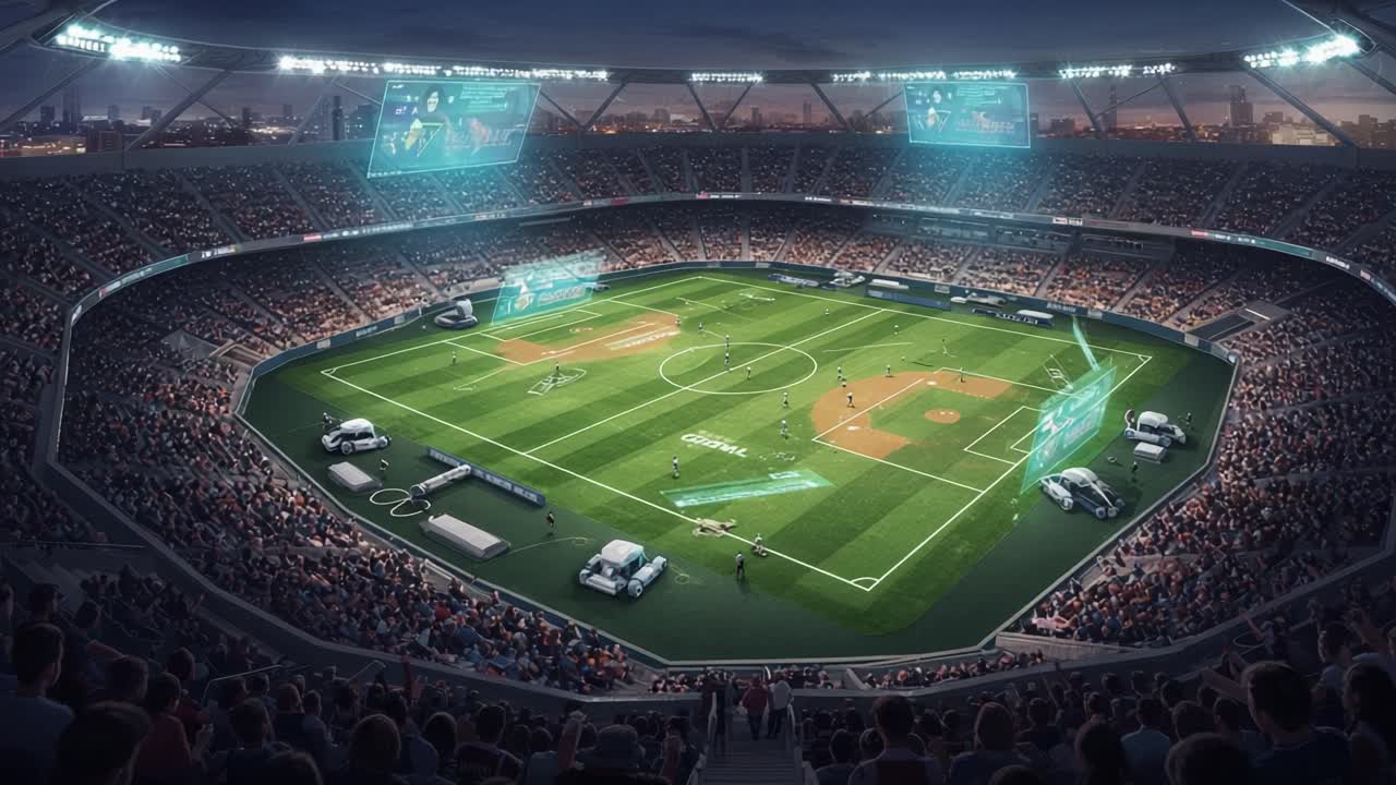 Futuristic Stadium View with Advanced Technology Features Showcasing Exciting Gameplay in a Packed Arena at Dusk
