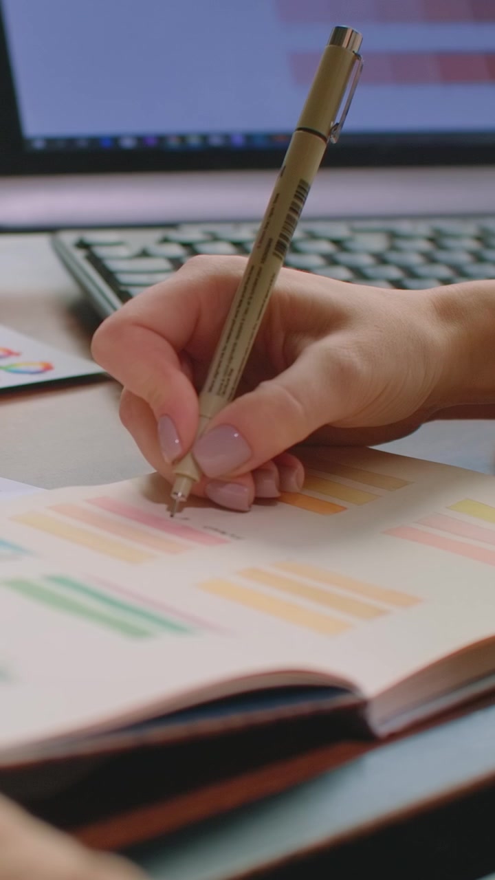 Close-up of a Woman Writing in a Planner at Her Desk