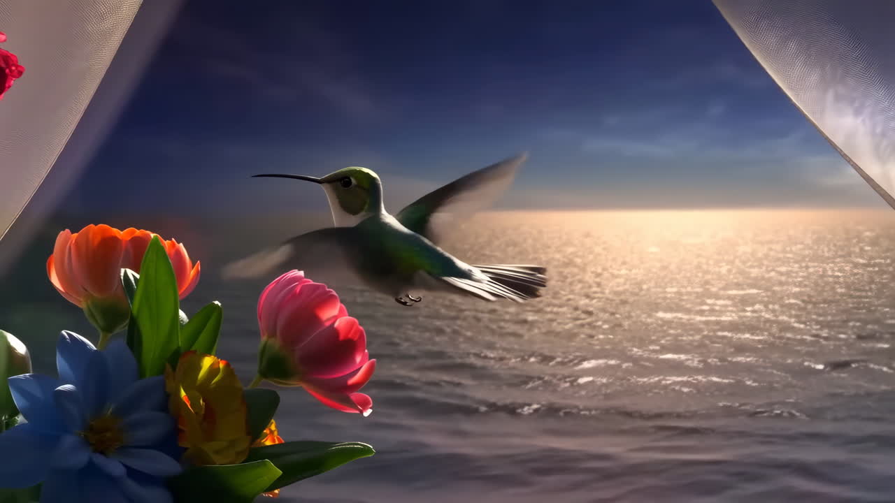 Hummingbird and Flowers Overlooking a Sunset Ocean