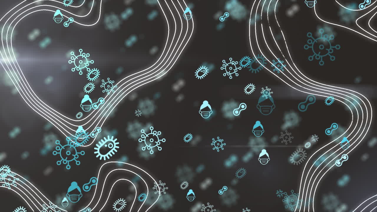 검은색 배경의 선 지도 위에 떨어지는 여러 코로나19 세포의 애니메이션