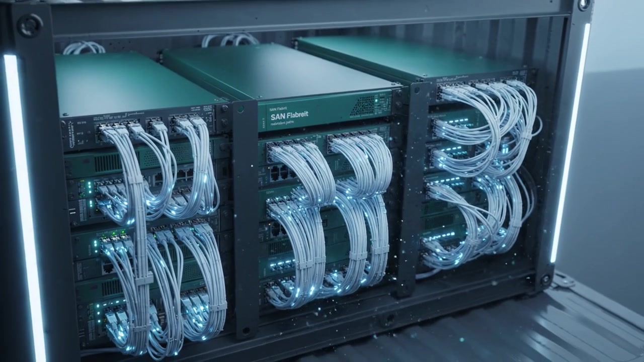 High-Tech Storage System Featuring SAN Equipment with Redundant Networking Paths for Enhanced Data Management and Connectivity in a Modern Data Center Environment