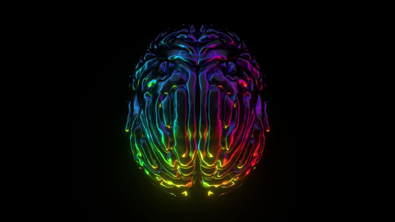 abstracto brillante ilustración colorida de cerebro cromado en fondo negro. anatomía humana. estilo neón. inteligencia artificial y concepto futuro. bucle sin costuras, animación 3d en 4k
