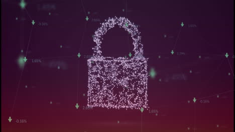 Animation-of-data-processing-and-digital-padlock-over-black-background